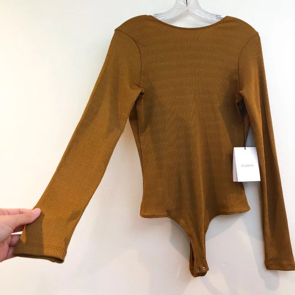 GOLDSIGN Long Sleeve Cheeky Designer Ribbed V Back Bodysuit in Ochre XL NWT - Picture 3 of 12
